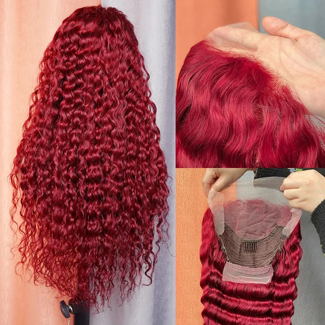 Burgundy Deep Wave Lace Front Brazilian Hair Wig for Women
