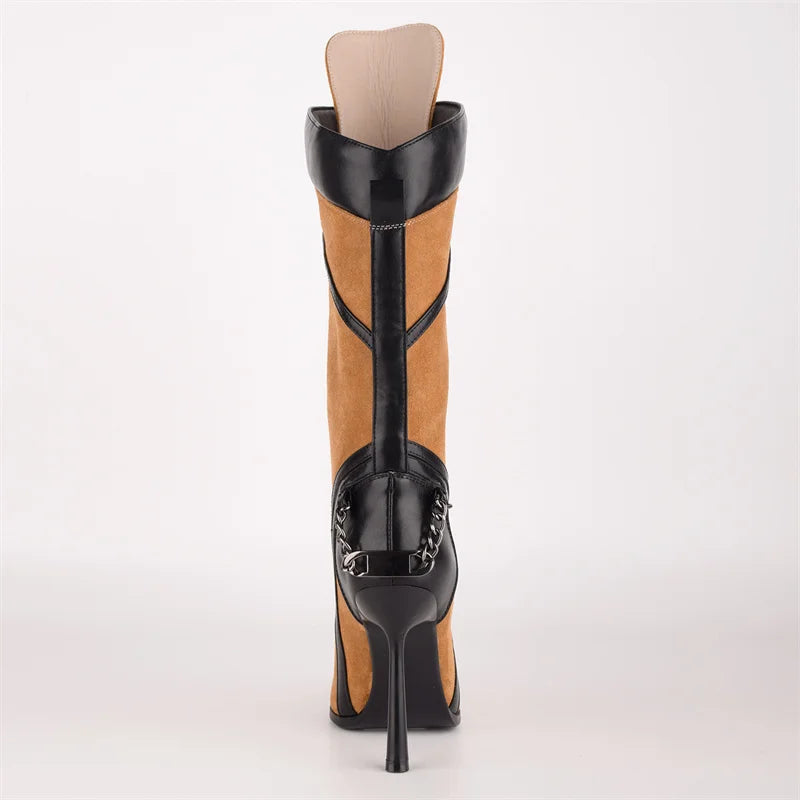 Pointed Toe Lace Up Stiletto Mid Calf Boots for Women