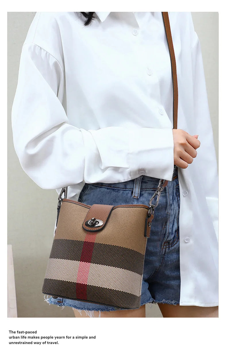 Elegant Plaid Genuine Leather Bucket Bag for Women