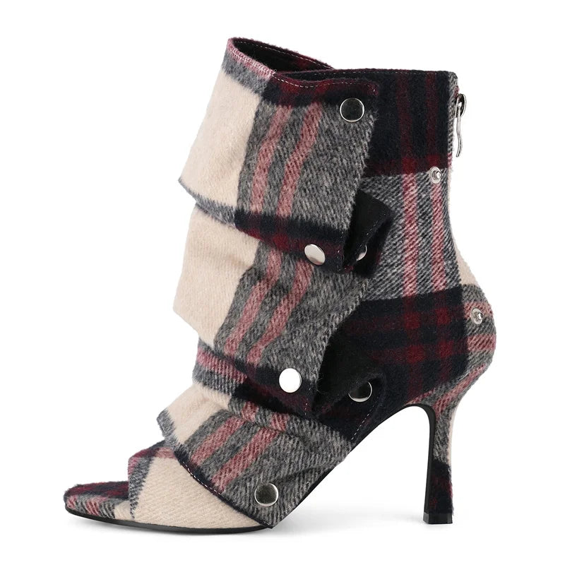 Pleated Plaid Ruched Peep Toe Ankle Boots for Women