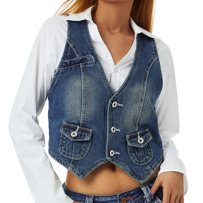 Vintage V Neck Button Up Sleeveless Vest for Women