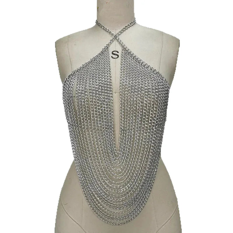 Festival Ready Silver Chainmail Halter Top For Women