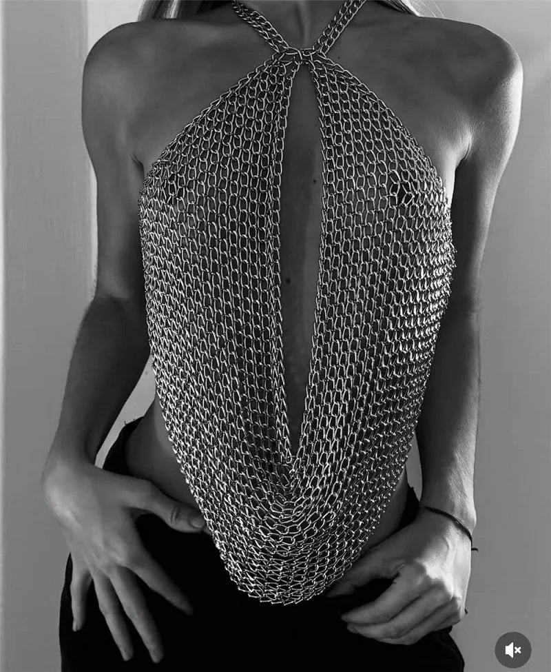 Festival Ready Silver Chainmail Halter Top For Women
