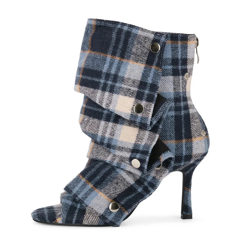 Pleated Plaid Ruched Peep Toe Ankle Boots for Women