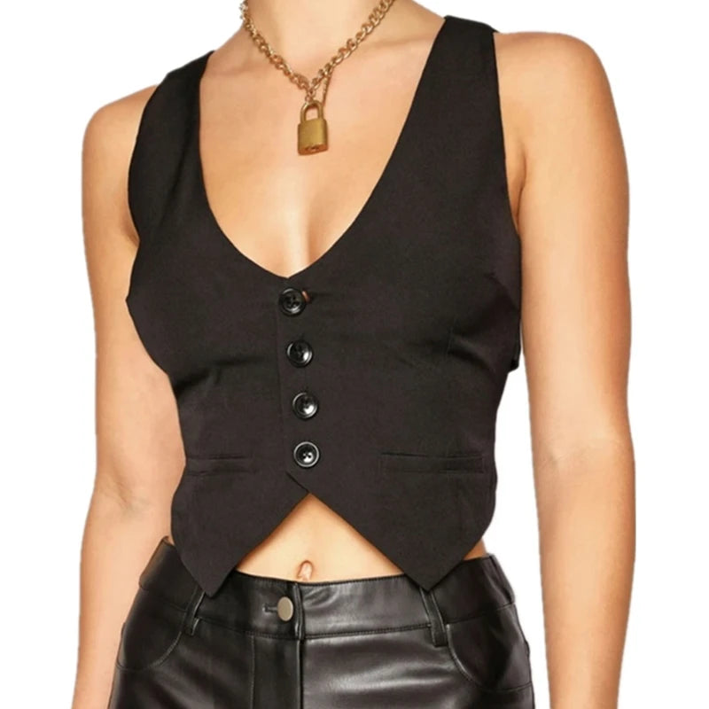 Vintage V Neck Button Up Sleeveless Vest for Women