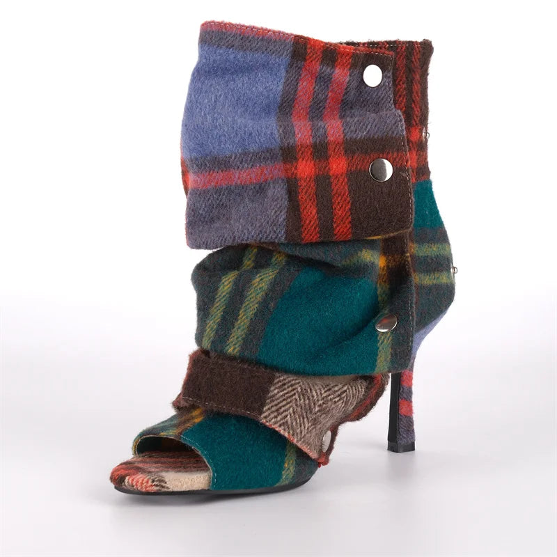 Pleated Plaid Ruched Peep Toe Ankle Boots for Women