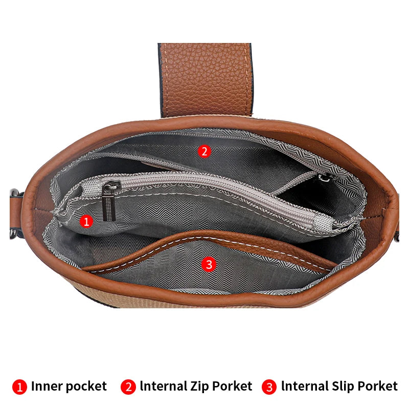 Elegant Plaid Genuine Leather Bucket Bag for Women