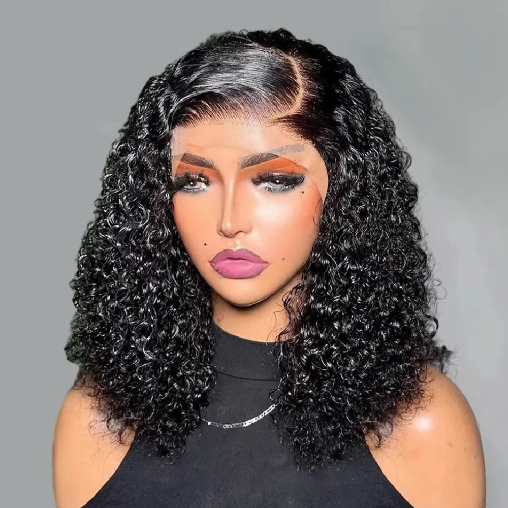 Kinky Curly Human Hair Glueless Lace Front Bob Wig for Women