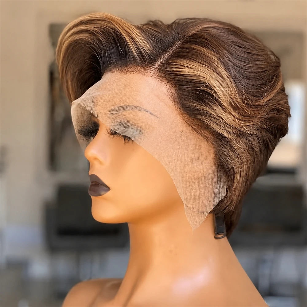 Highlight Straight Pixie Cut Lace Front Human Hair Bob Wig for Women