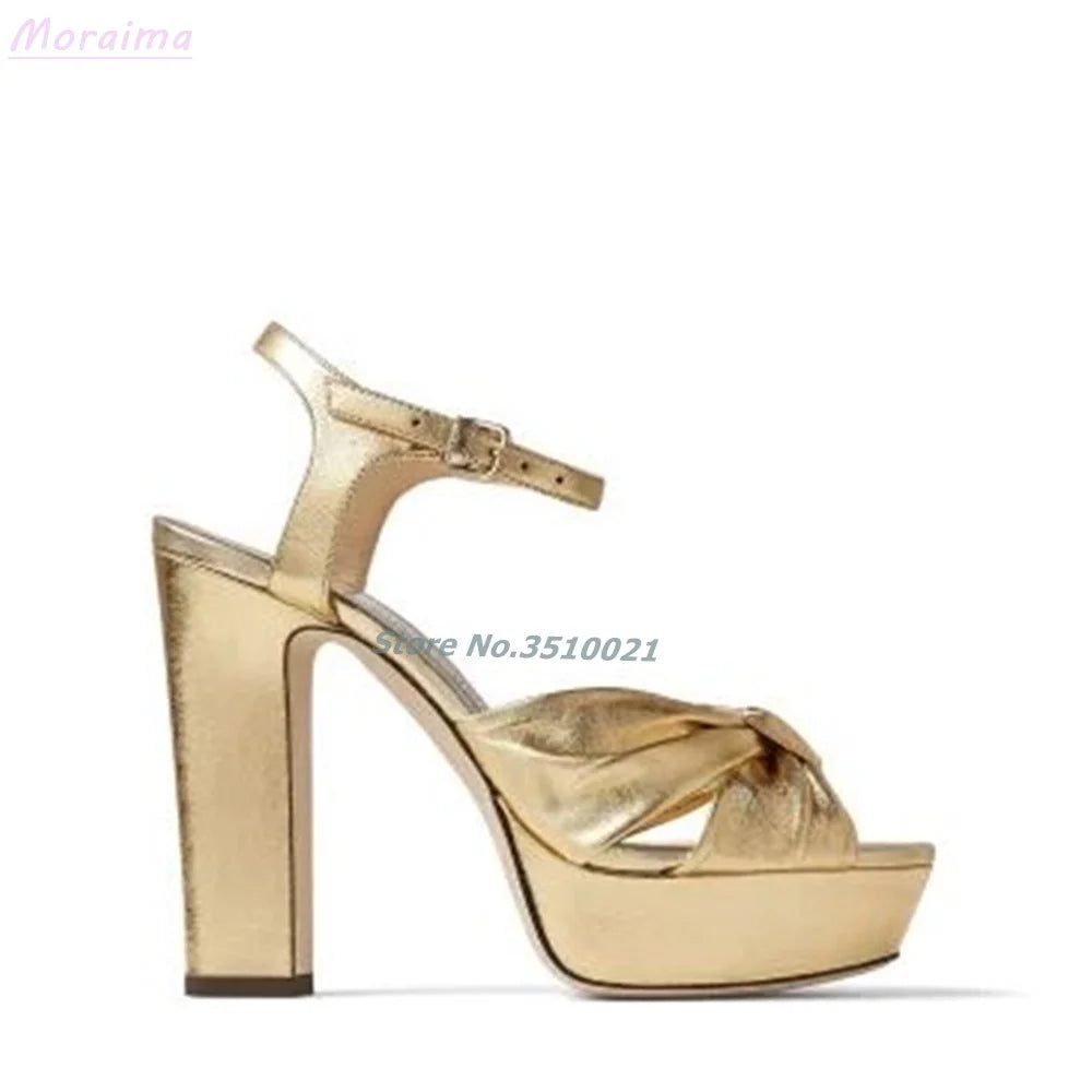 Peep Toe Mirror Leather Knotted Platform Sandals For Women