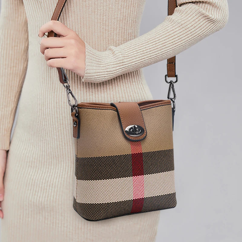 Elegant Plaid Genuine Leather Bucket Bag for Women