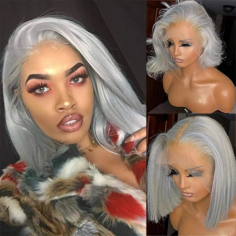 Grey Bob Human Hair Wigs Lace Front Silver Grey 13X4 Lace Frontal Bob Wig Pix Cut Straight Colored Human Hair Wigs 200% Density