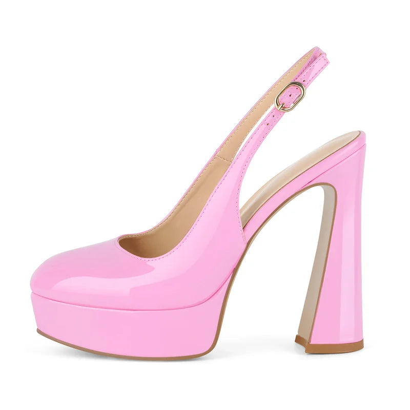Round Toe Slingback Platform Patent Leather Pumps for Women
