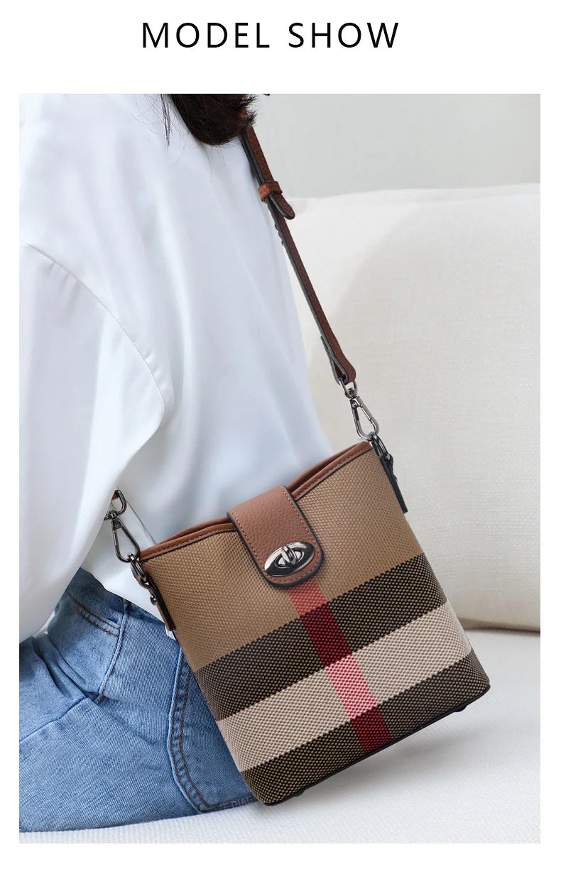 Elegant Plaid Genuine Leather Bucket Bag for Women