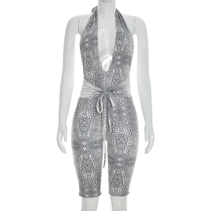 Sexy Halter Backless Patchwork Python Print Bodycon Jumpsuit for Women