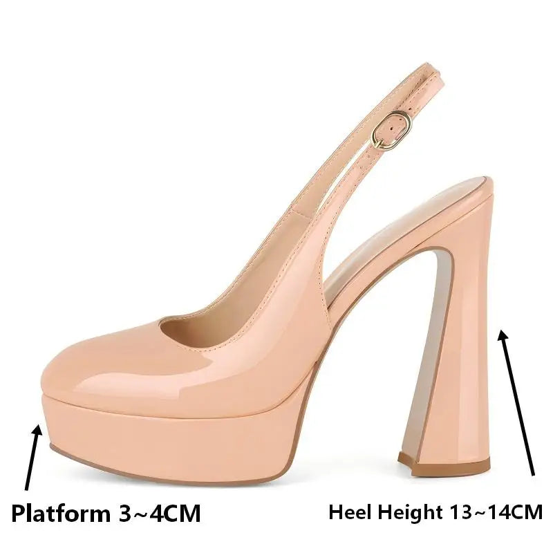 Round Toe Slingback Platform Patent Leather Pumps for Women