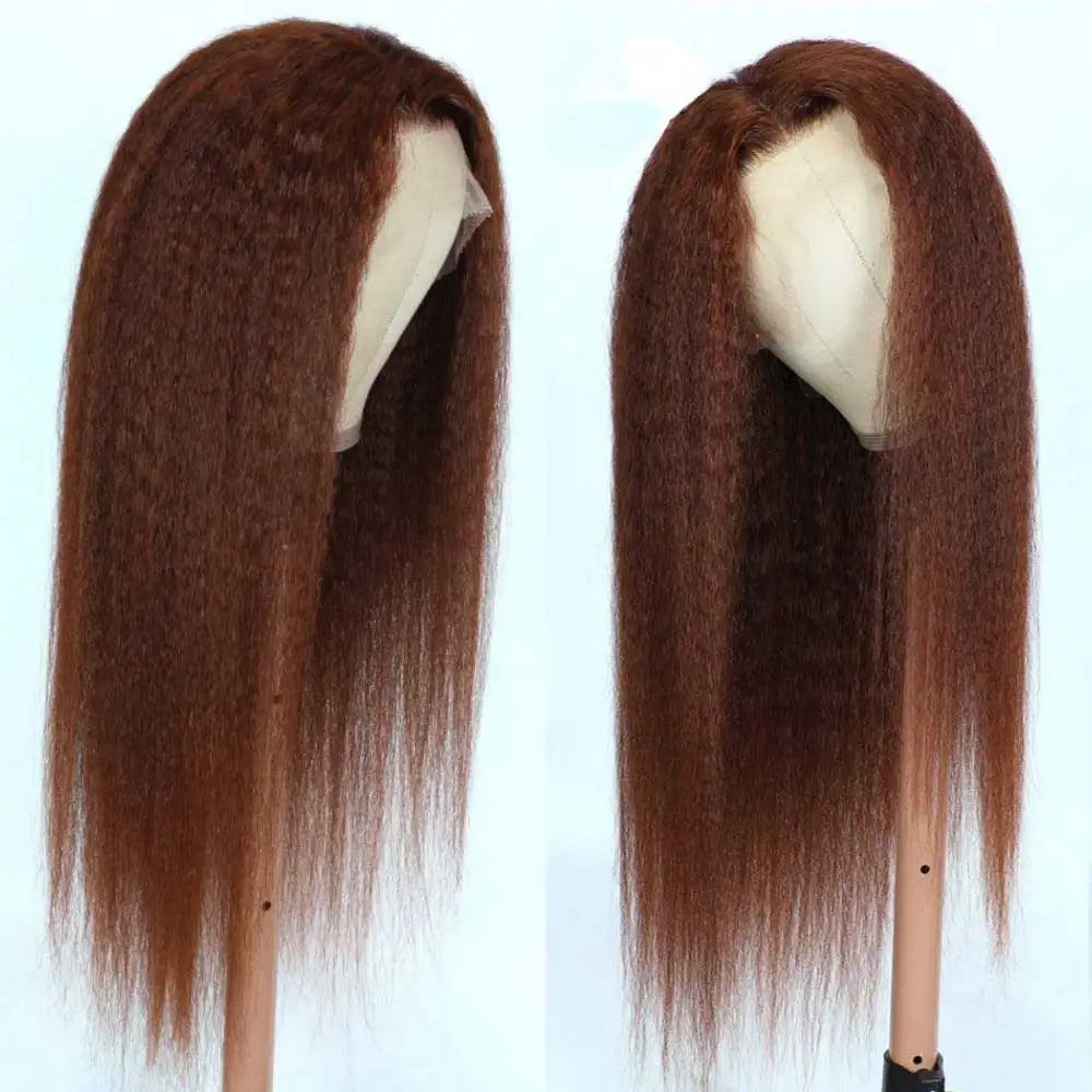 Chocolate Brown Kinky Straight Lace Front Human Hair Wig For Women