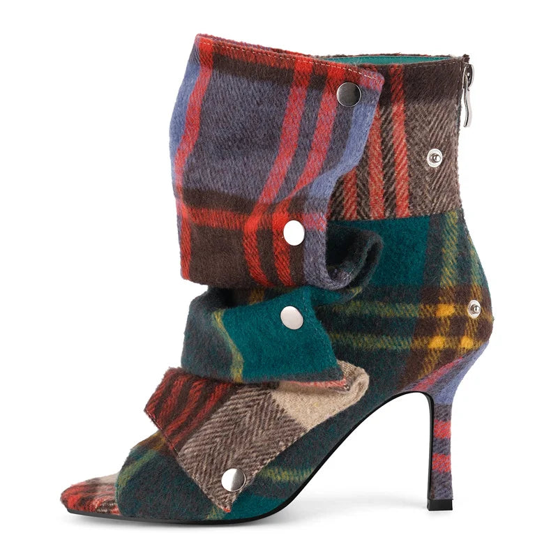 Pleated Plaid Ruched Peep Toe Ankle Boots for Women