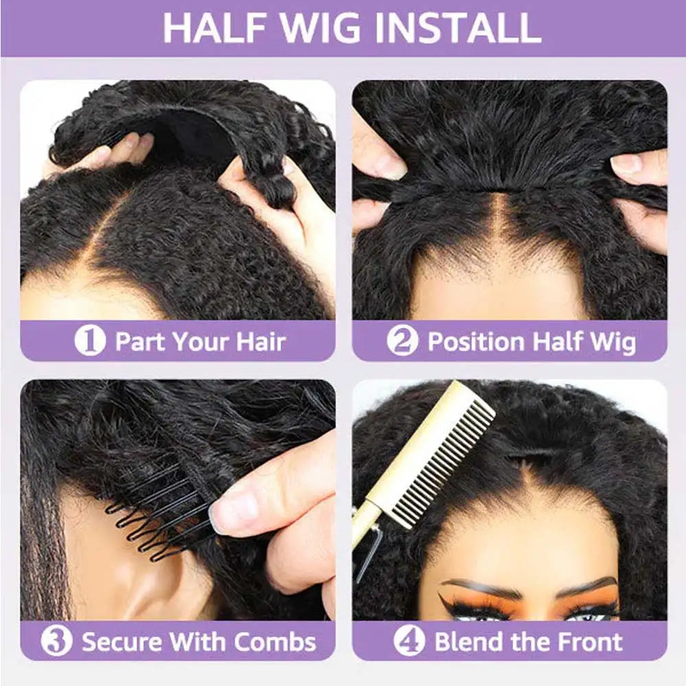 Glueless Human Hair Kinky Straight Half Wig for Women