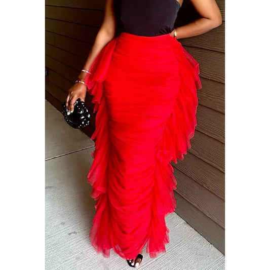 Plus Size Red Daily Side Tulle Ruffles Fold Skirts for Women 2025
