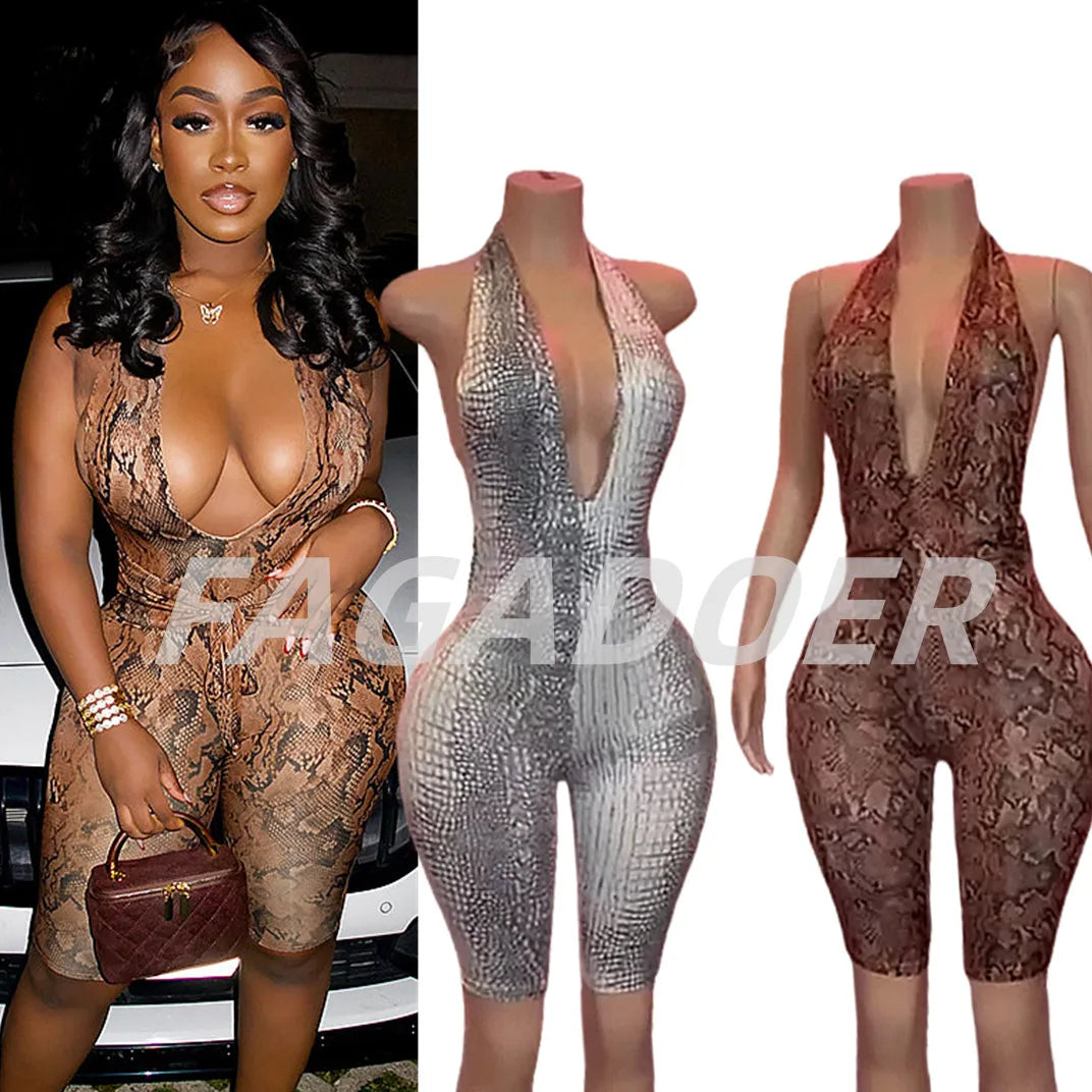 Sexy Halter Backless Patchwork Python Print Bodycon Jumpsuit for Women