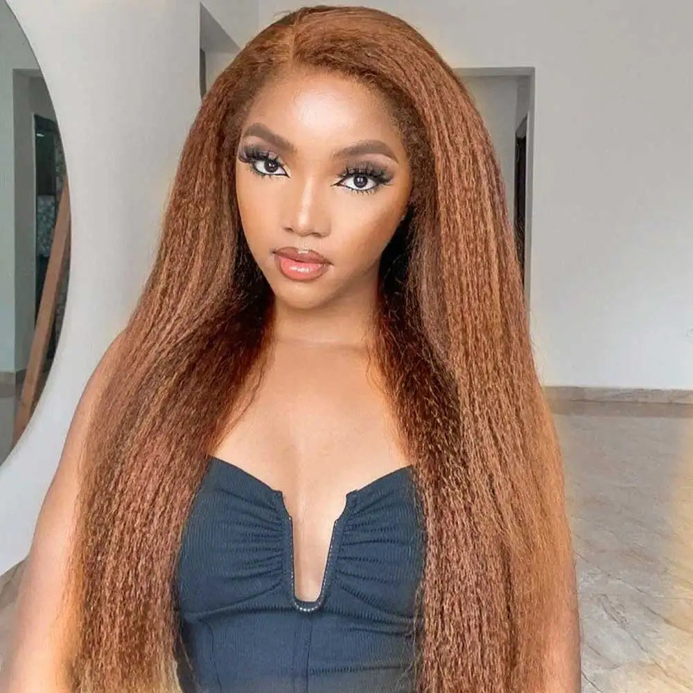 Chocolate Brown Kinky Straight Lace Front Human Hair Wig For Women