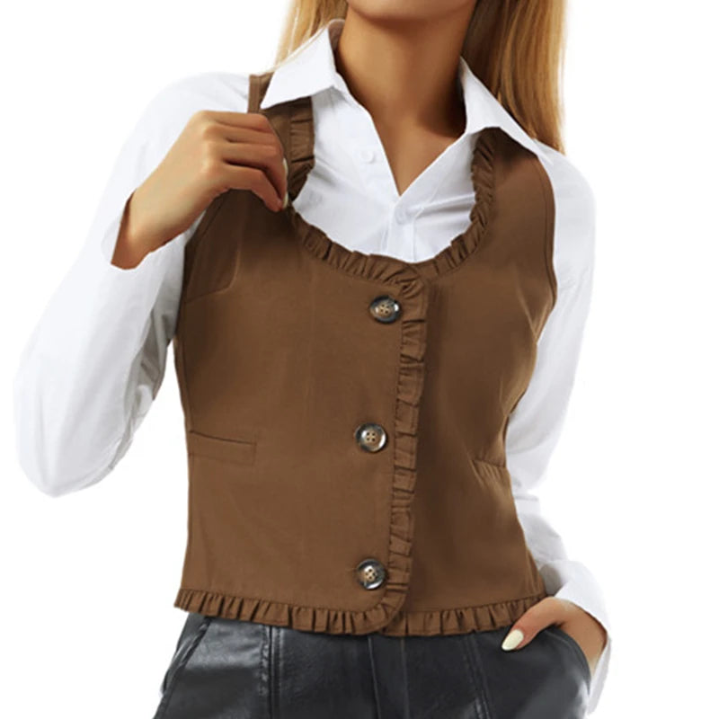 Vintage V Neck Button Up Sleeveless Vest for Women