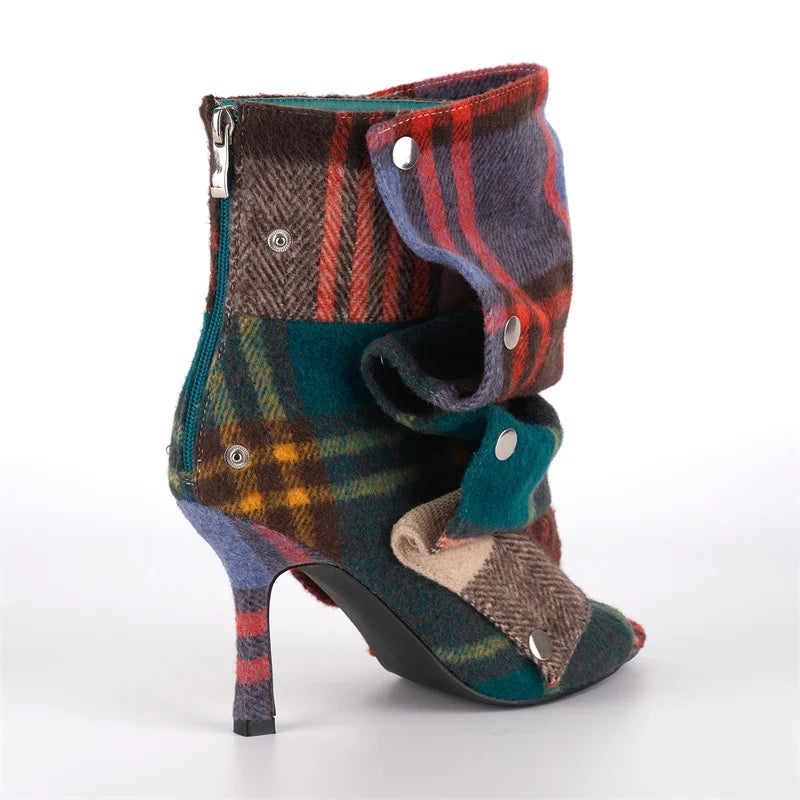 Pleated Plaid Ruched Peep Toe Ankle Boots for Women