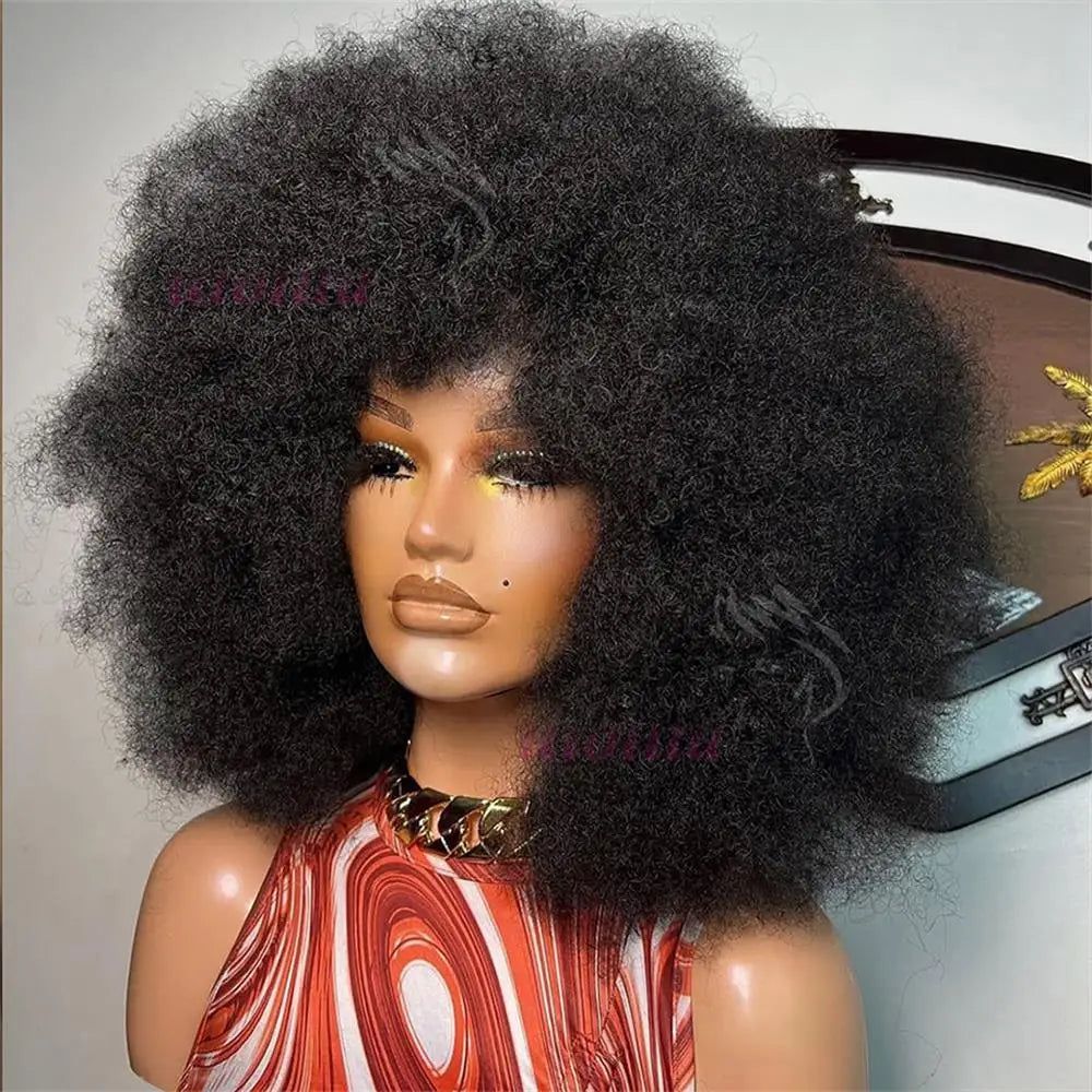 Wig With Bangs Full Machine Wig Remy Brazilian Human Hair For Black Women Afro Kinky Curly