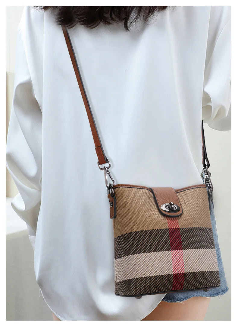 Elegant Plaid Genuine Leather Bucket Bag for Women