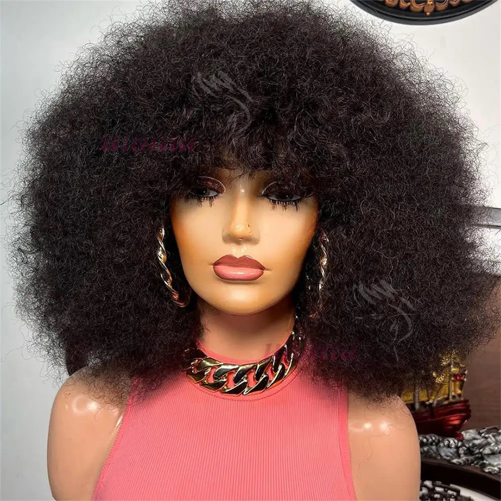 Wig With Bangs Full Machine Wig Remy Brazilian Human Hair For Black Women Afro Kinky Curly