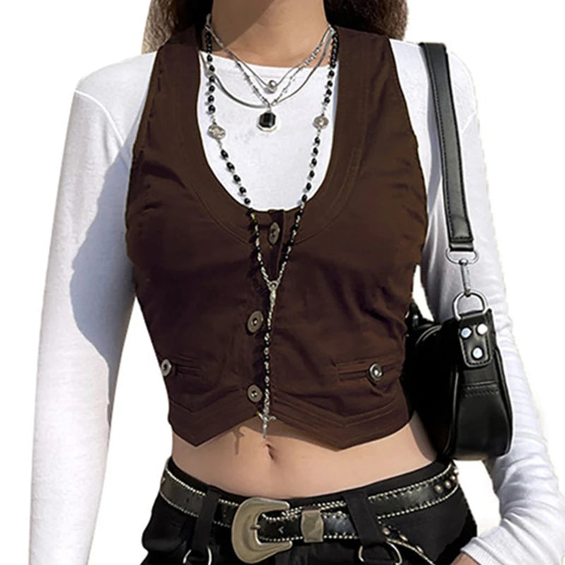 Vintage V Neck Button Up Sleeveless Vest for Women