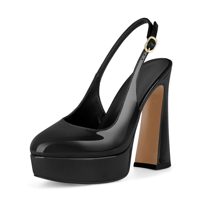 Round Toe Slingback Platform Patent Leather Pumps for Women