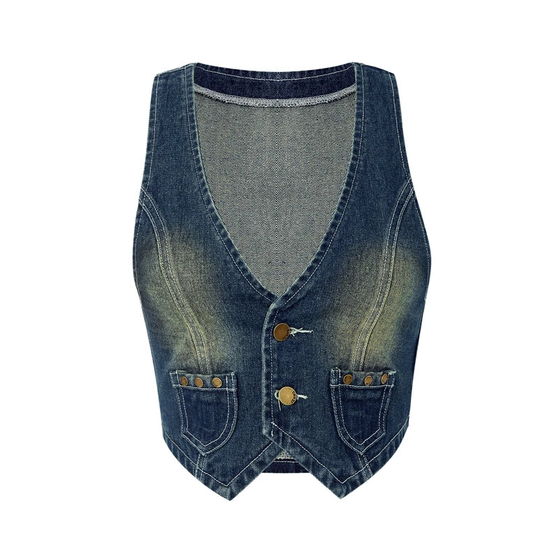 Vintage V Neck Button Up Sleeveless Vest for Women