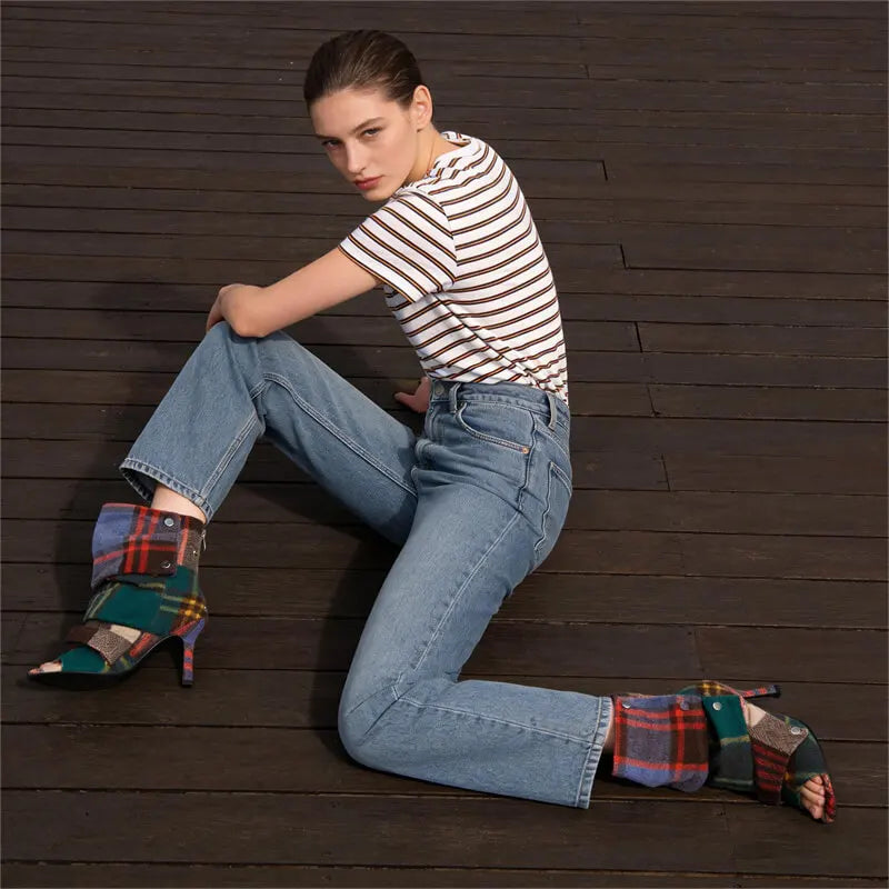 Pleated Plaid Ruched Peep Toe Ankle Boots for Women