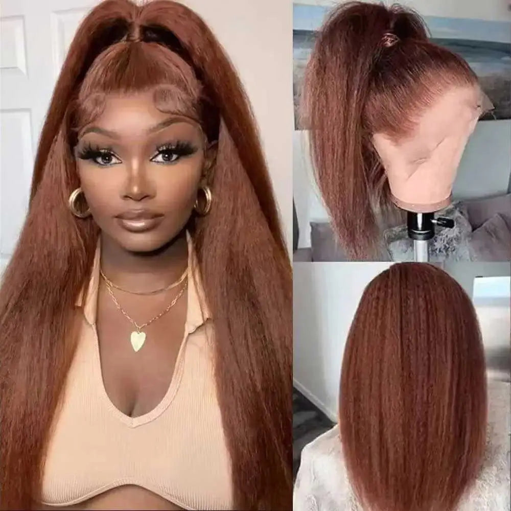Chocolate Brown Kinky Straight Lace Front Human Hair Wig For Women
