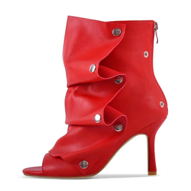 Pleated Plaid Ruched Peep Toe Ankle Boots for Women
