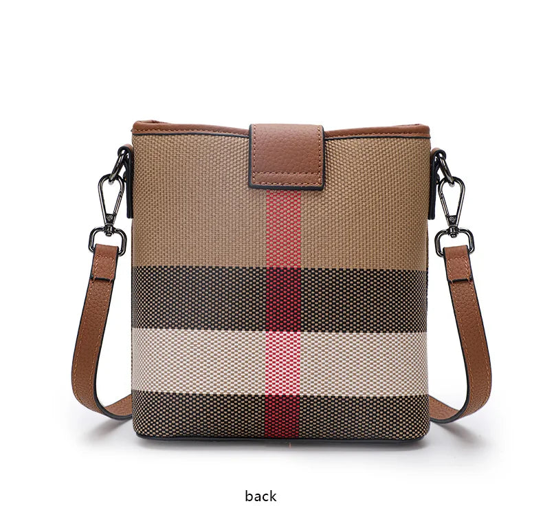 Elegant Plaid Genuine Leather Bucket Bag for Women