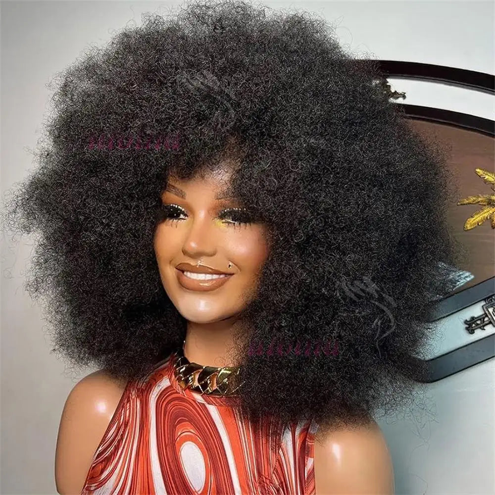 Wig With Bangs Full Machine Wig Remy Brazilian Human Hair For Black Women Afro Kinky Curly