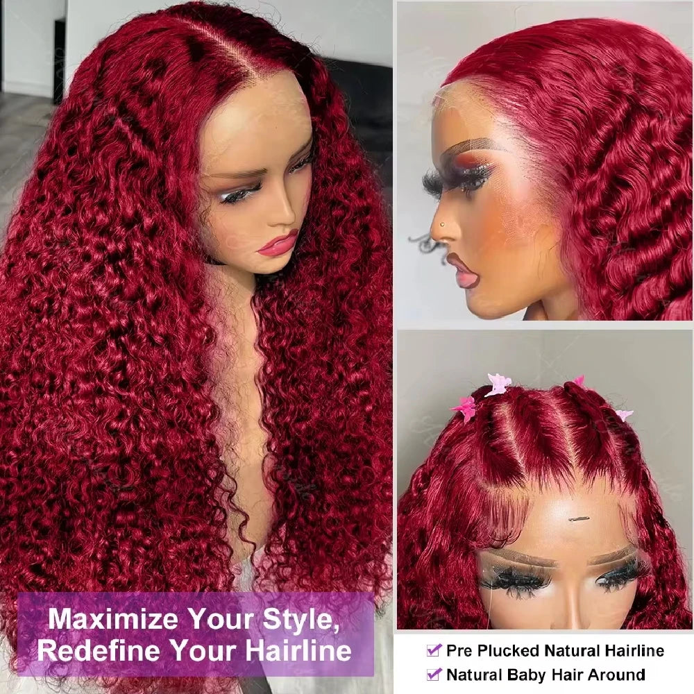 Burgundy Deep Wave Lace Front Brazilian Hair Wig for Women