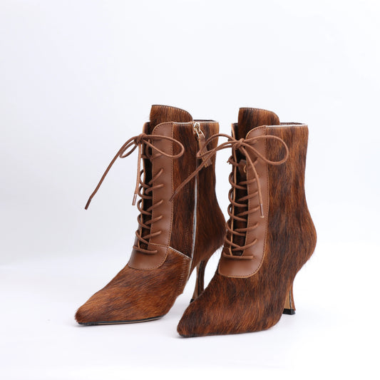 2025 designer women's British style pointed short boots with high, thin heels and lace up real leather boots