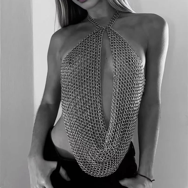 Festival Ready Silver Chainmail Halter Top For Women