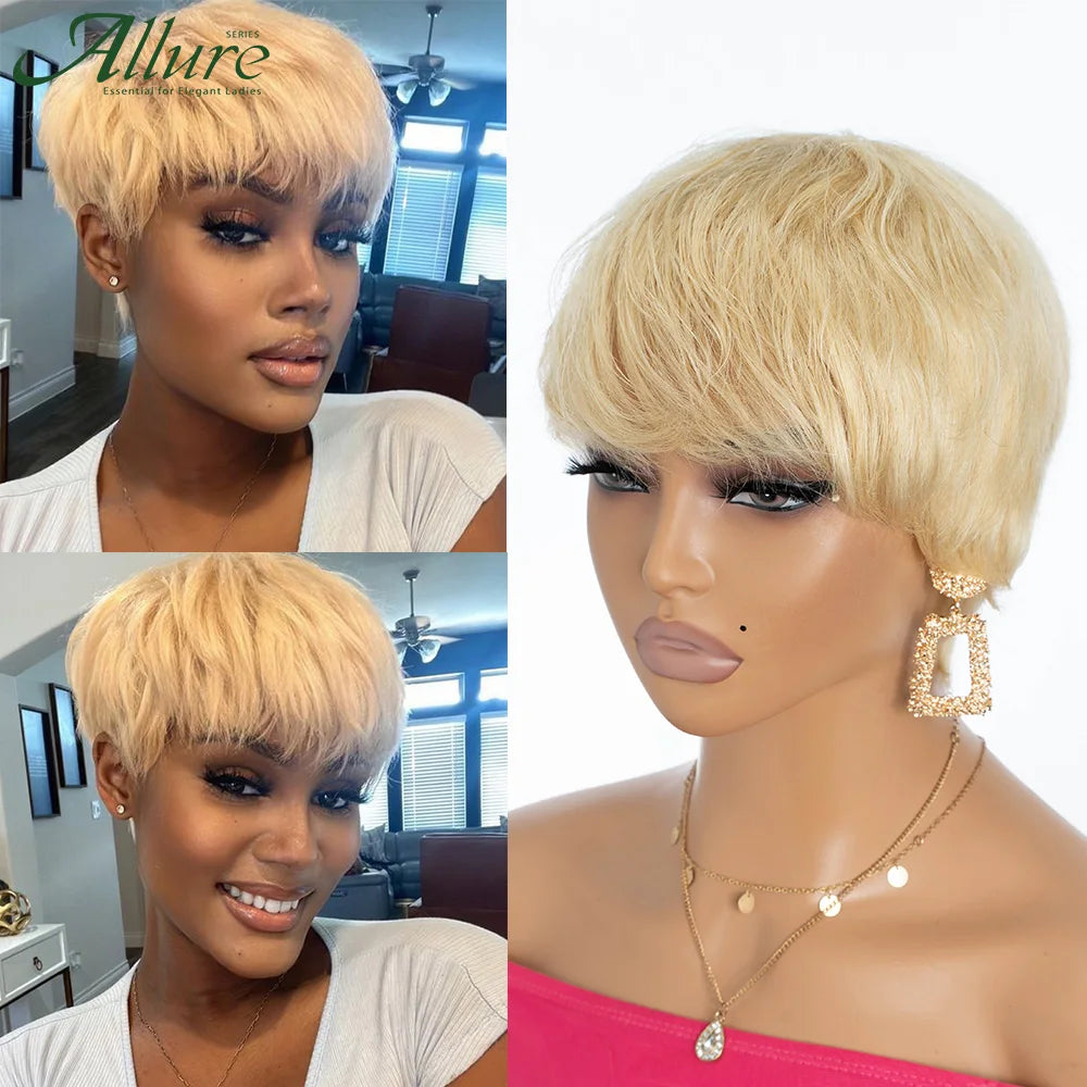 Glueless Short Blonde Pixie Cut Human Hair Wig for Women