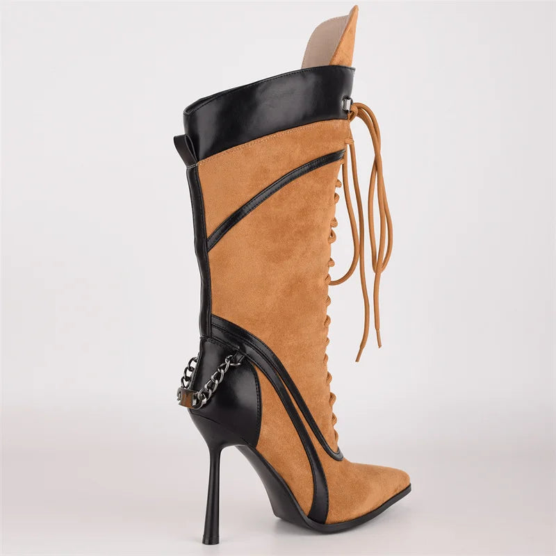 Pointed Toe Lace Up Stiletto Mid Calf Boots for Women