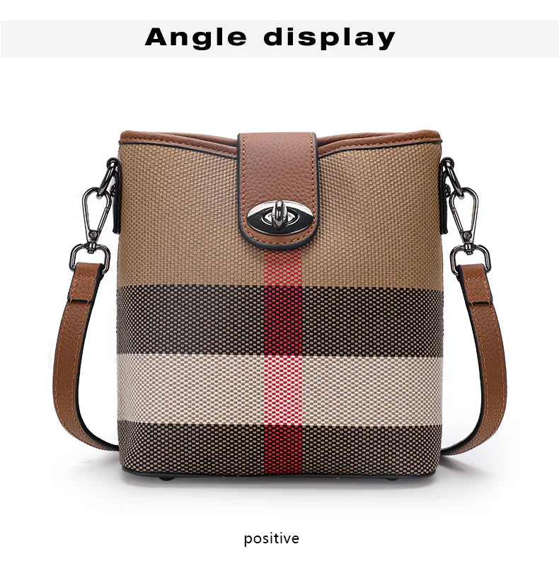 Elegant Plaid Genuine Leather Bucket Bag for Women