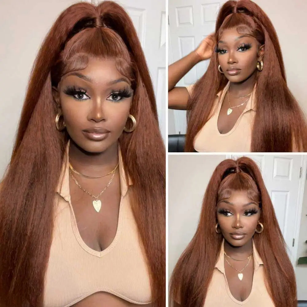 Chocolate Brown Kinky Straight Lace Front Human Hair Wig For Women
