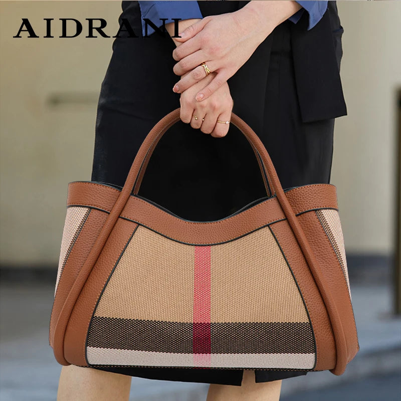 Retro Checkered Large Capacity Canvas And Leather Handbag for Women