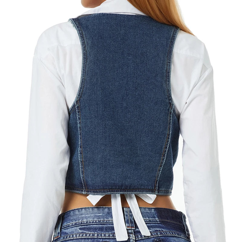 Vintage V Neck Button Up Sleeveless Vest for Women
