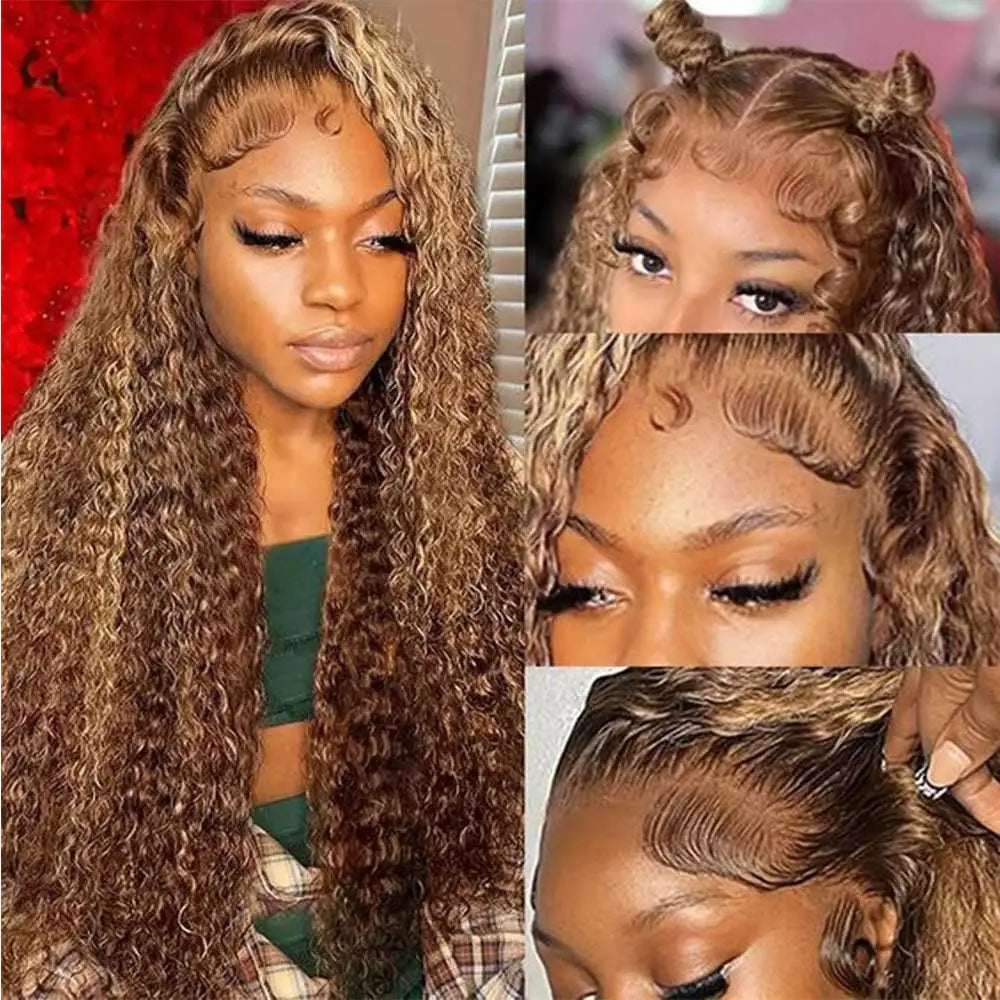 Honey Blonde Highlight Deep Wave Glueless Lace Front Wig for Women