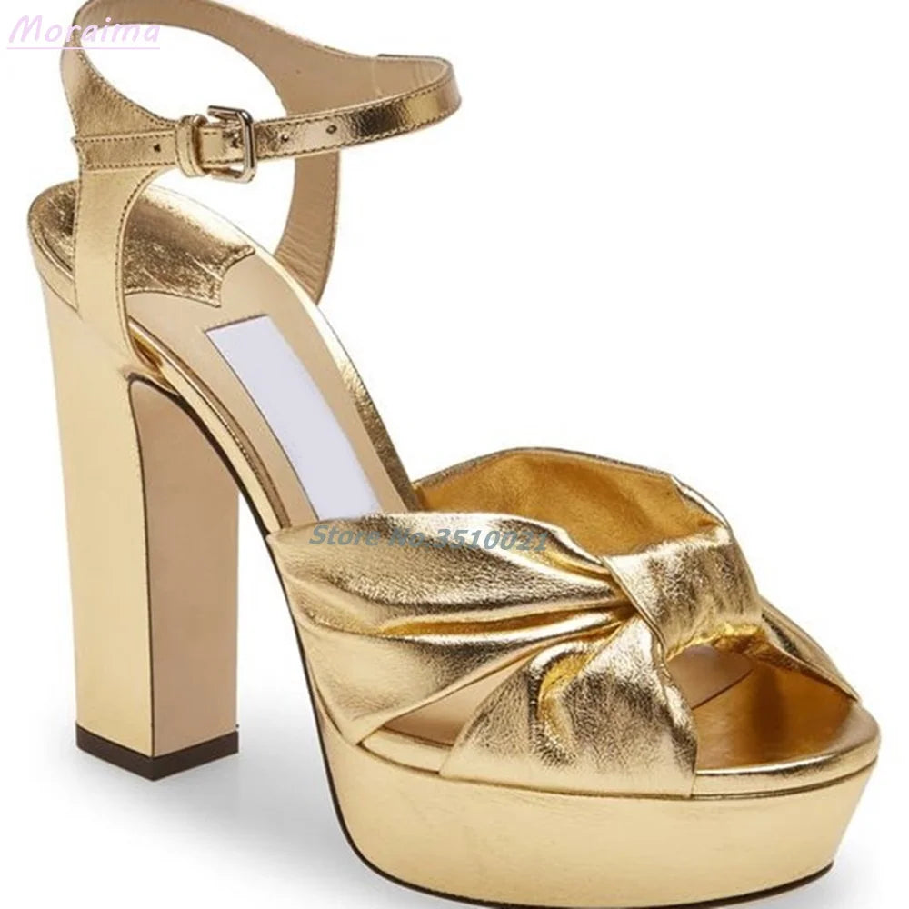 Peep Toe Mirror Leather Knotted Platform Sandals For Women